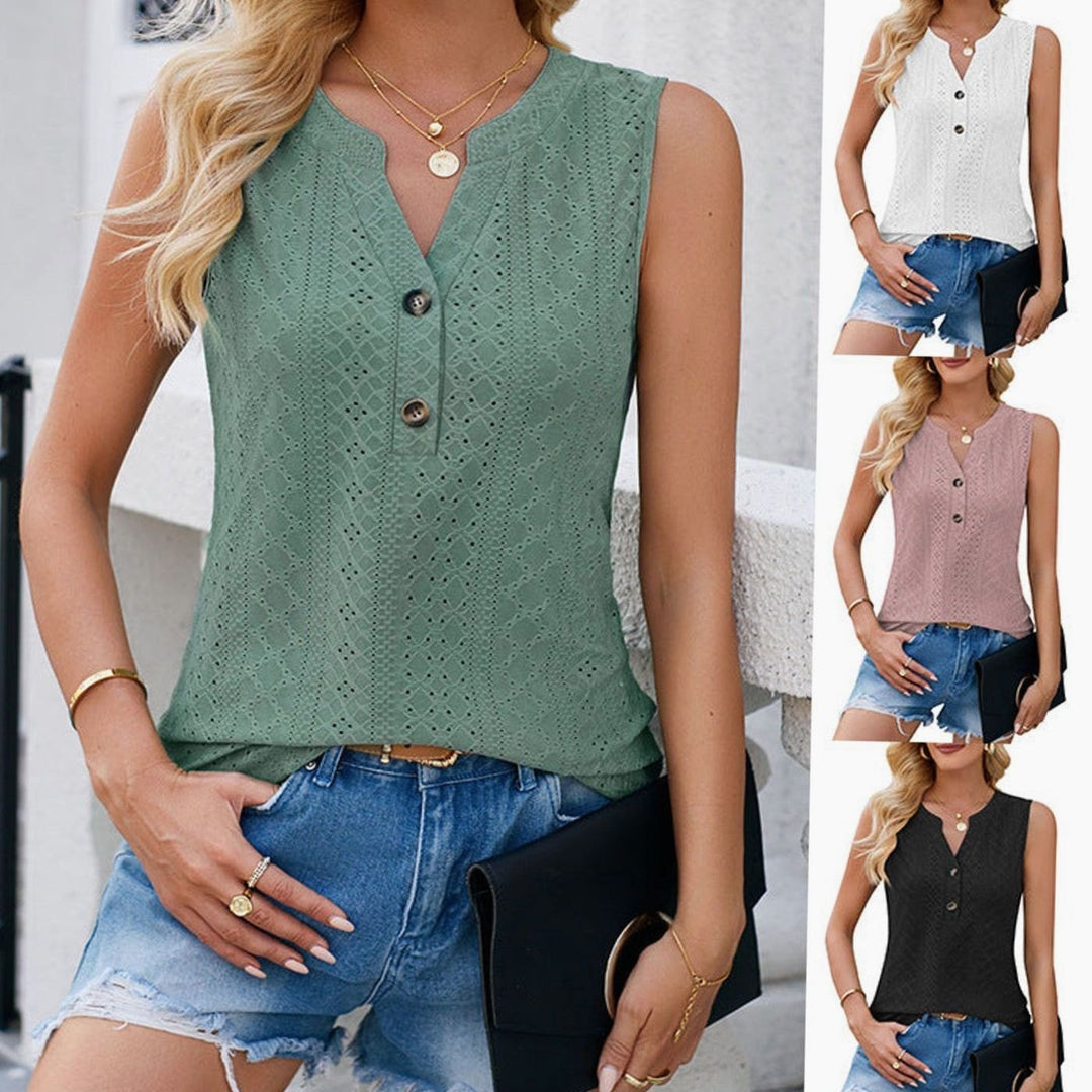 Women's Sleeveless Eyelet V-Neck Button-Front Blouse Top