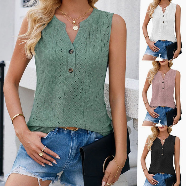 Women's Sleeveless Eyelet V-Neck Button-Front Blouse Top