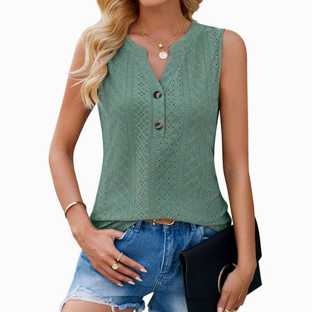 Women's Sleeveless Eyelet V-Neck Button-Front Blouse Top