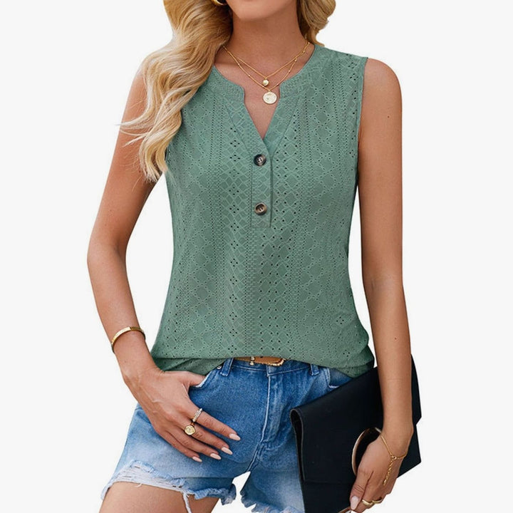 Women's Sleeveless Eyelet V-Neck Button-Front Blouse Top