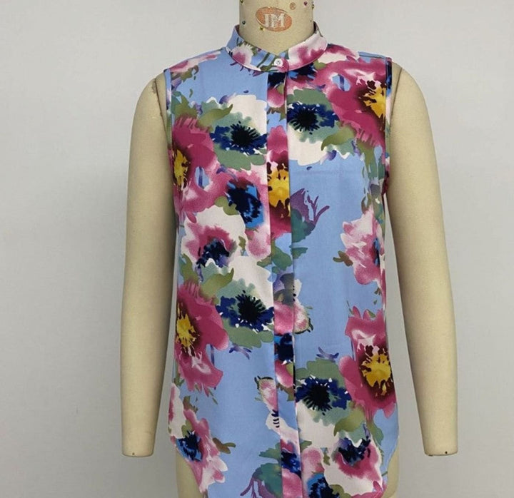 Women's Sleeveless Floral Button-Front Blouse, Light Blue