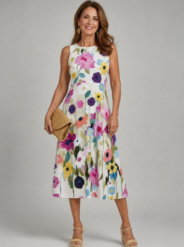 Women's Sleeveless Floral-Print Midi Dress Round Neck