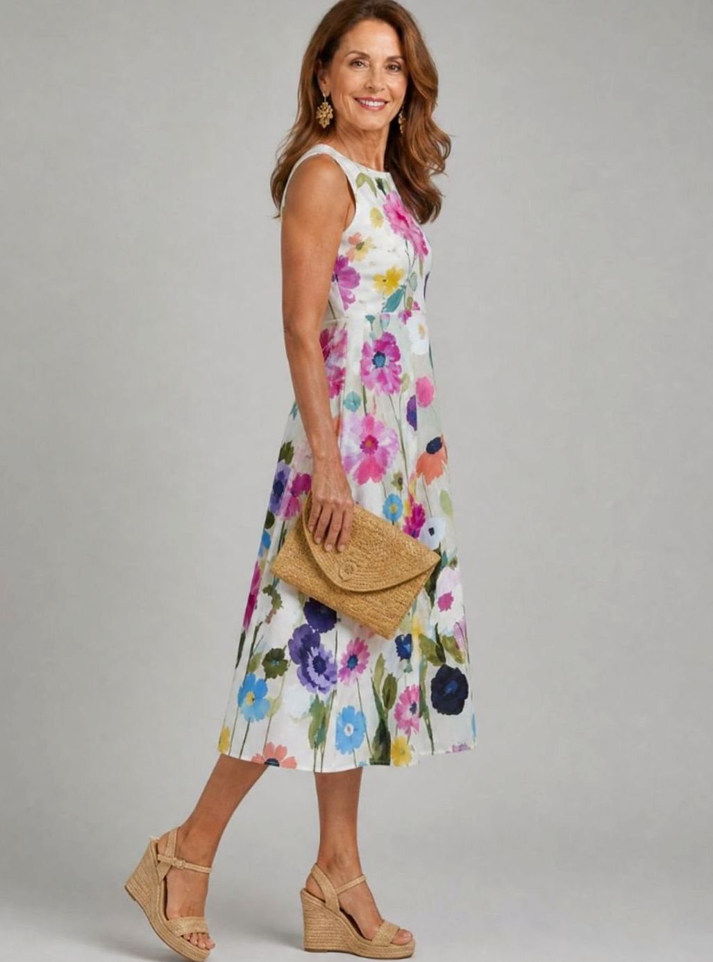 Women's Sleeveless Floral-Print Midi Dress Round Neck