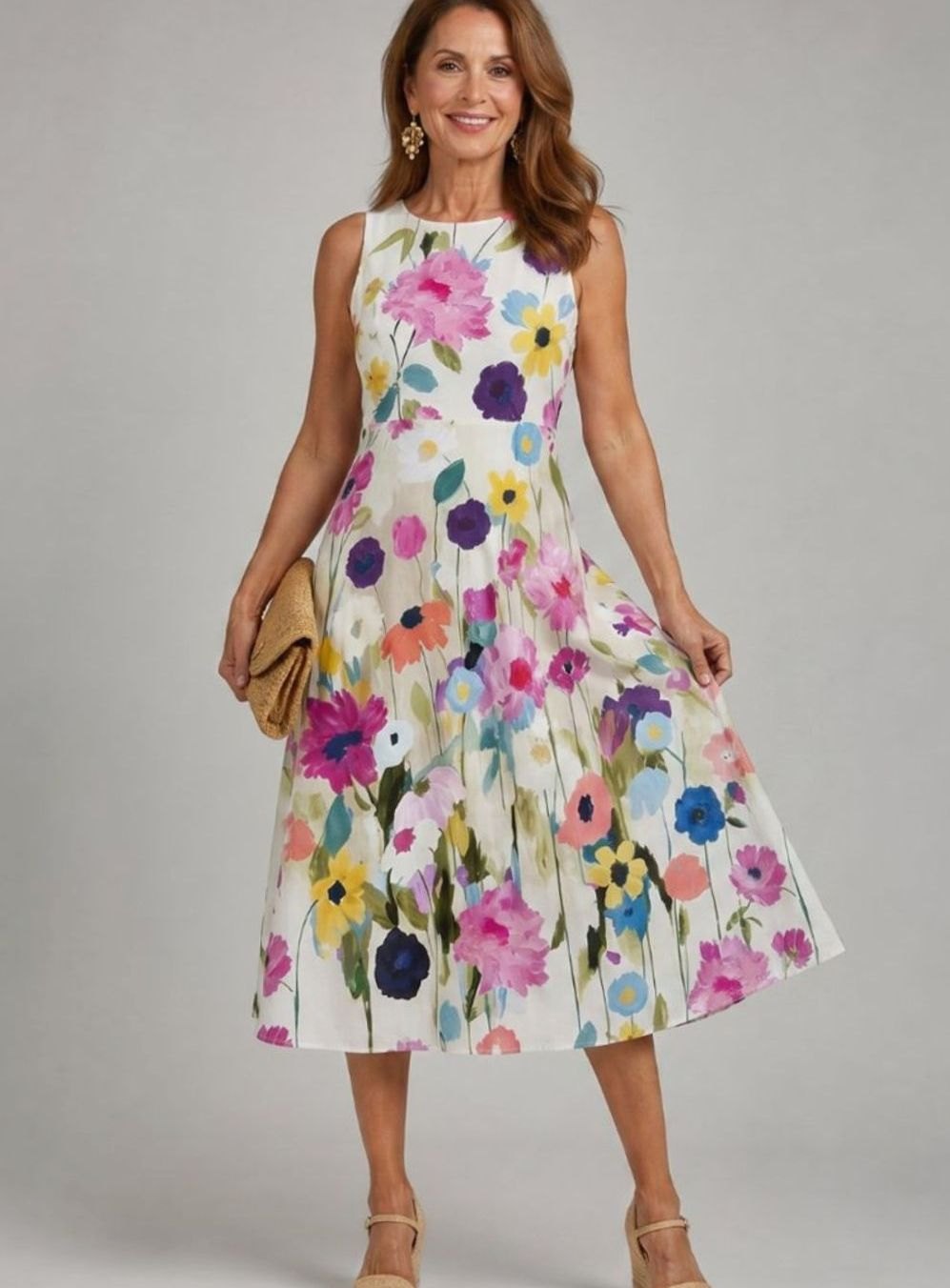 Women's Sleeveless Floral-Print Midi Dress Round Neck