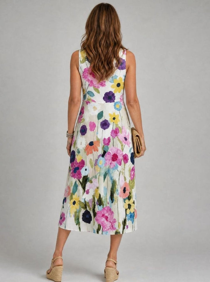 Women's Sleeveless Floral-Print Midi Dress Round Neck