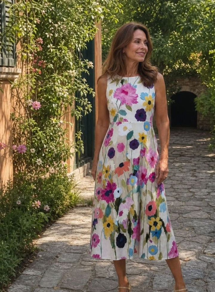 Women's Sleeveless Floral-Print Midi Dress Round Neck