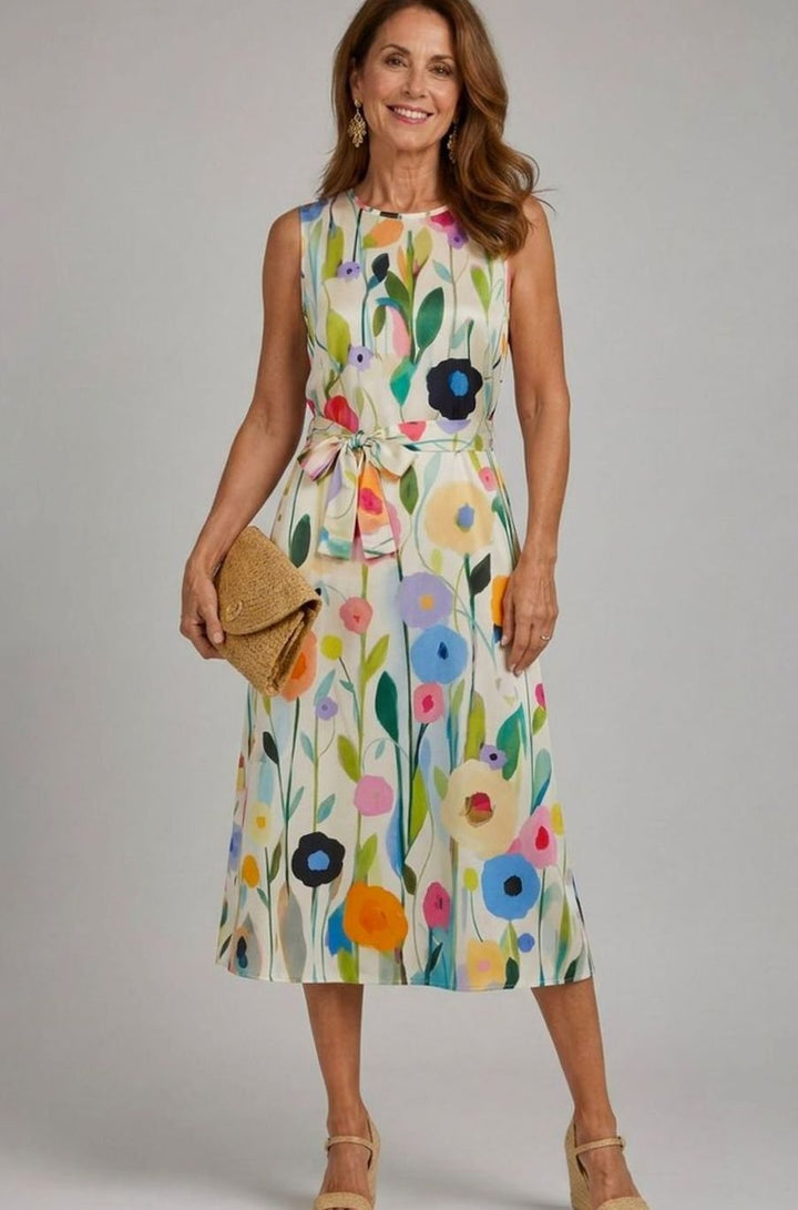 Women's Sleeveless Floral-Print Midi Dress Round Neck