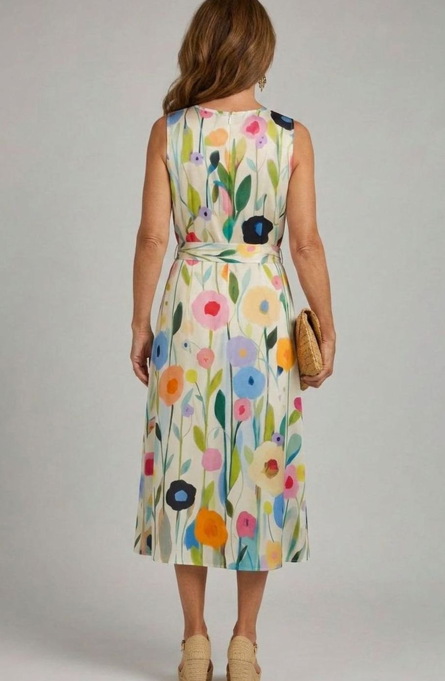 Women's Sleeveless Floral-Print Midi Dress Round Neck
