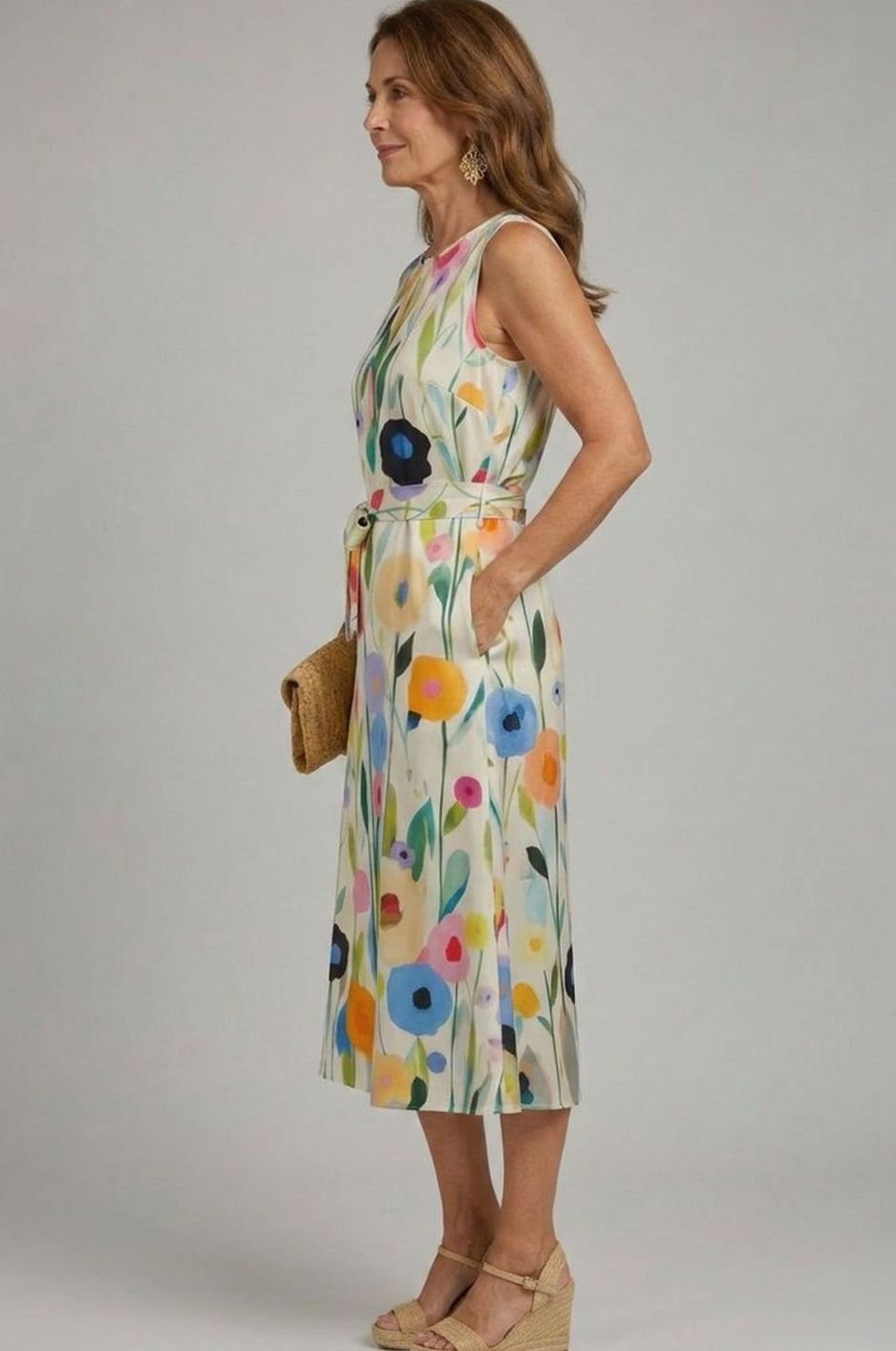 Women's Sleeveless Floral-Print Midi Dress Round Neck