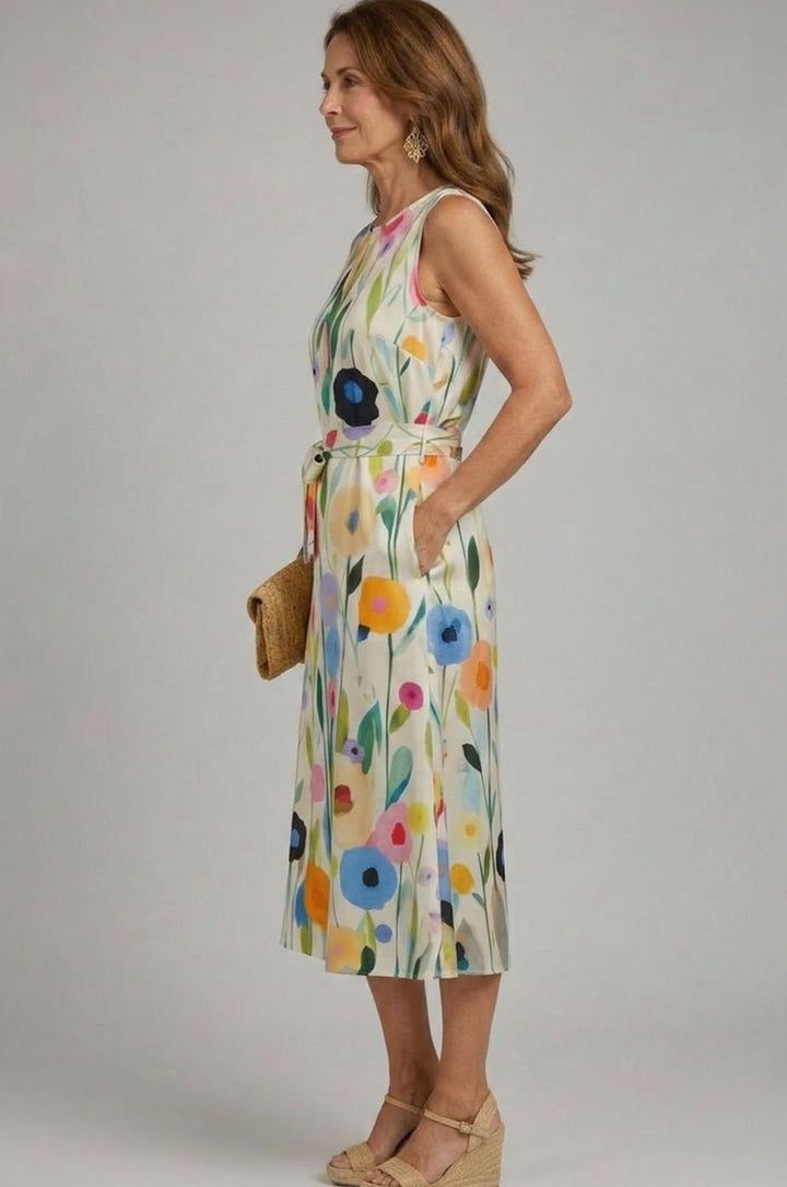 Women's Sleeveless Floral-Print Midi Dress Round Neck