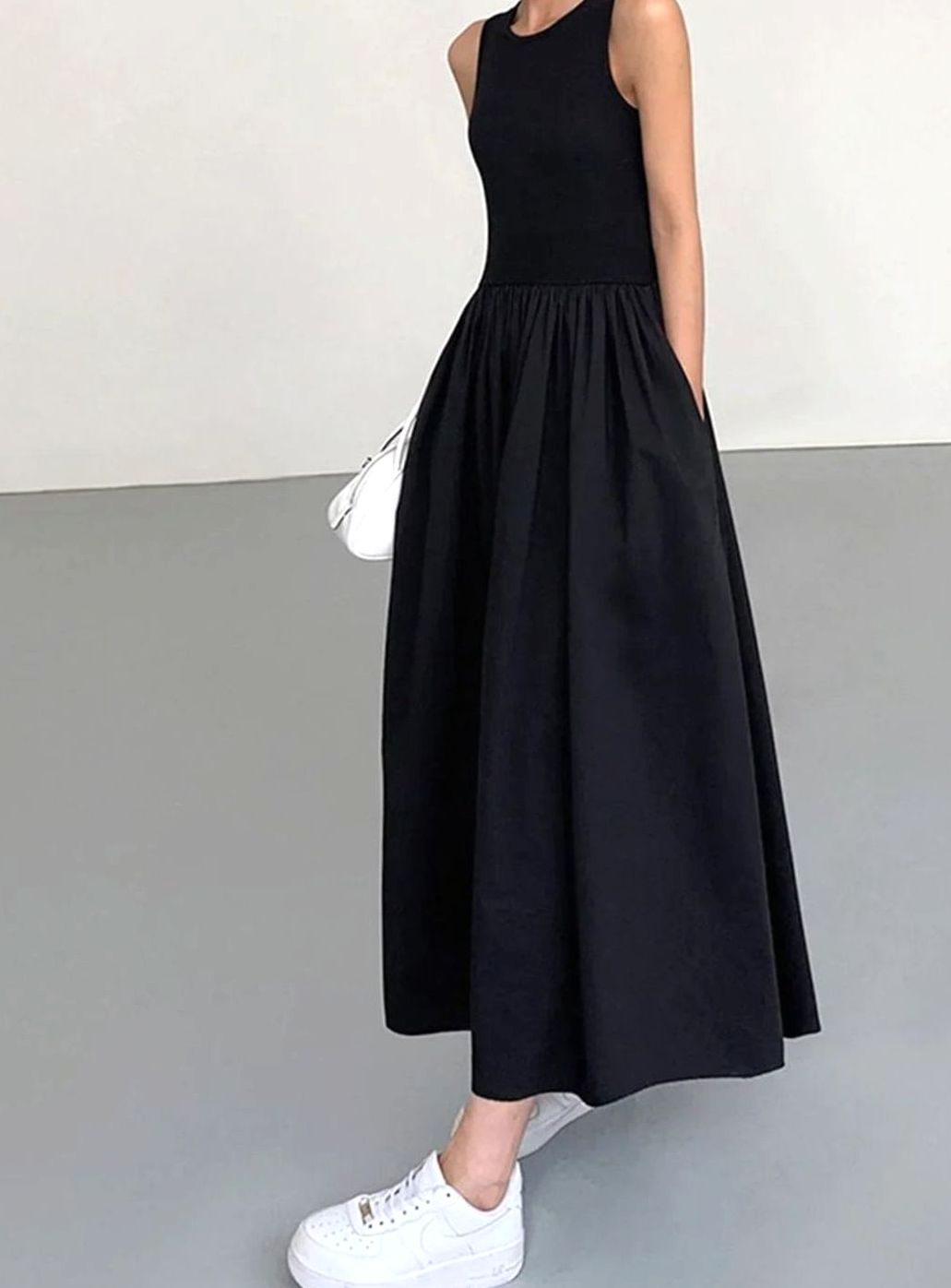 Women's Sleeveless Gathered-Skirt Midi Knitted Dress