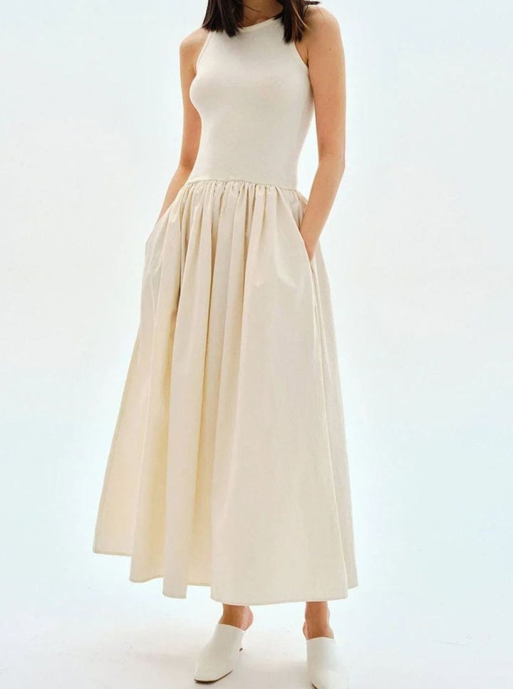 Women's Sleeveless Gathered-Skirt Midi Knitted Dress