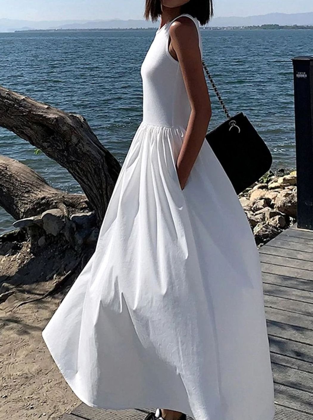 Women's Sleeveless Gathered-Skirt Midi Knitted Dress