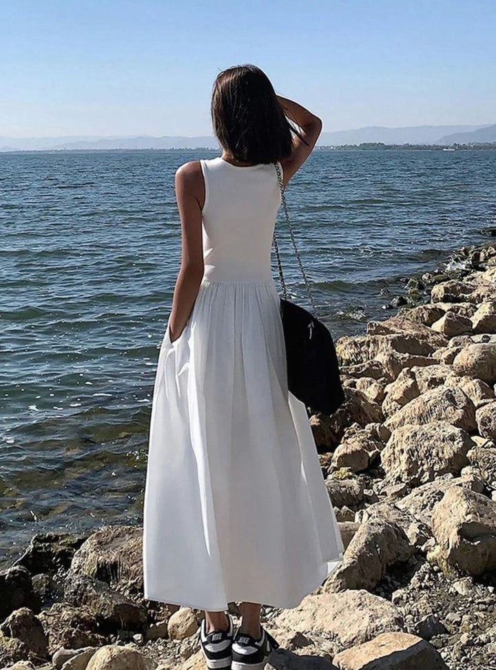 Women's Sleeveless Gathered Skirt Midi Knitted Dress