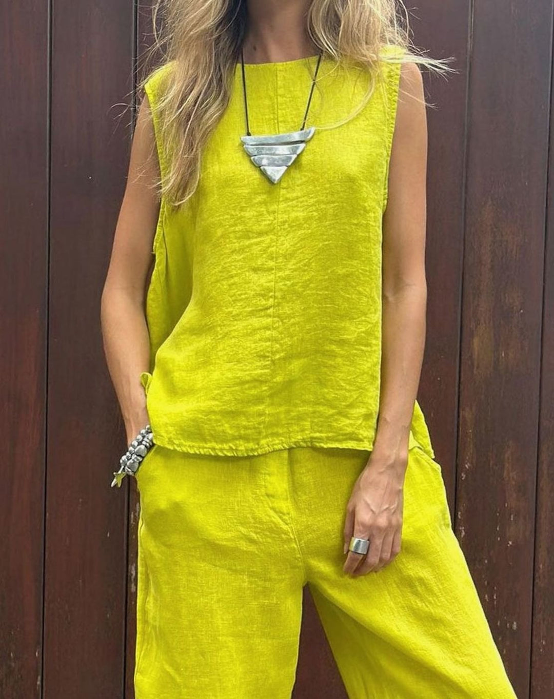 Women's Sleeveless Linen-Look Relaxed Two-Piece Vest Trouser Set