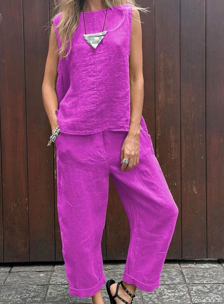 Women's Sleeveless Linen-Look Relaxed Two-Piece Vest Trouser Set - Purple
