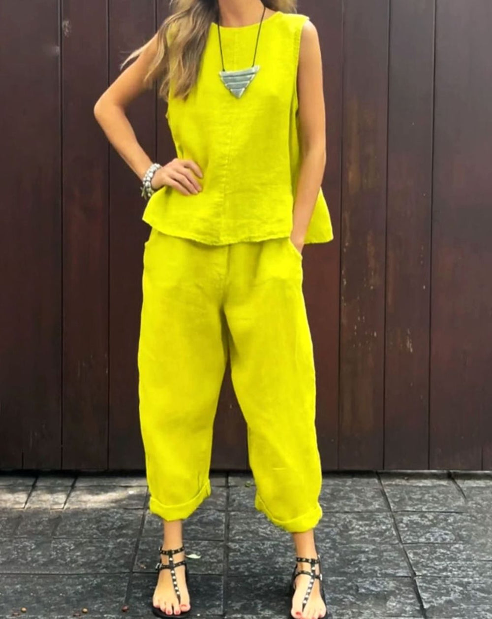 Women's Sleeveless Linen-Look Relaxed Two-Piece Vest Trouser Set