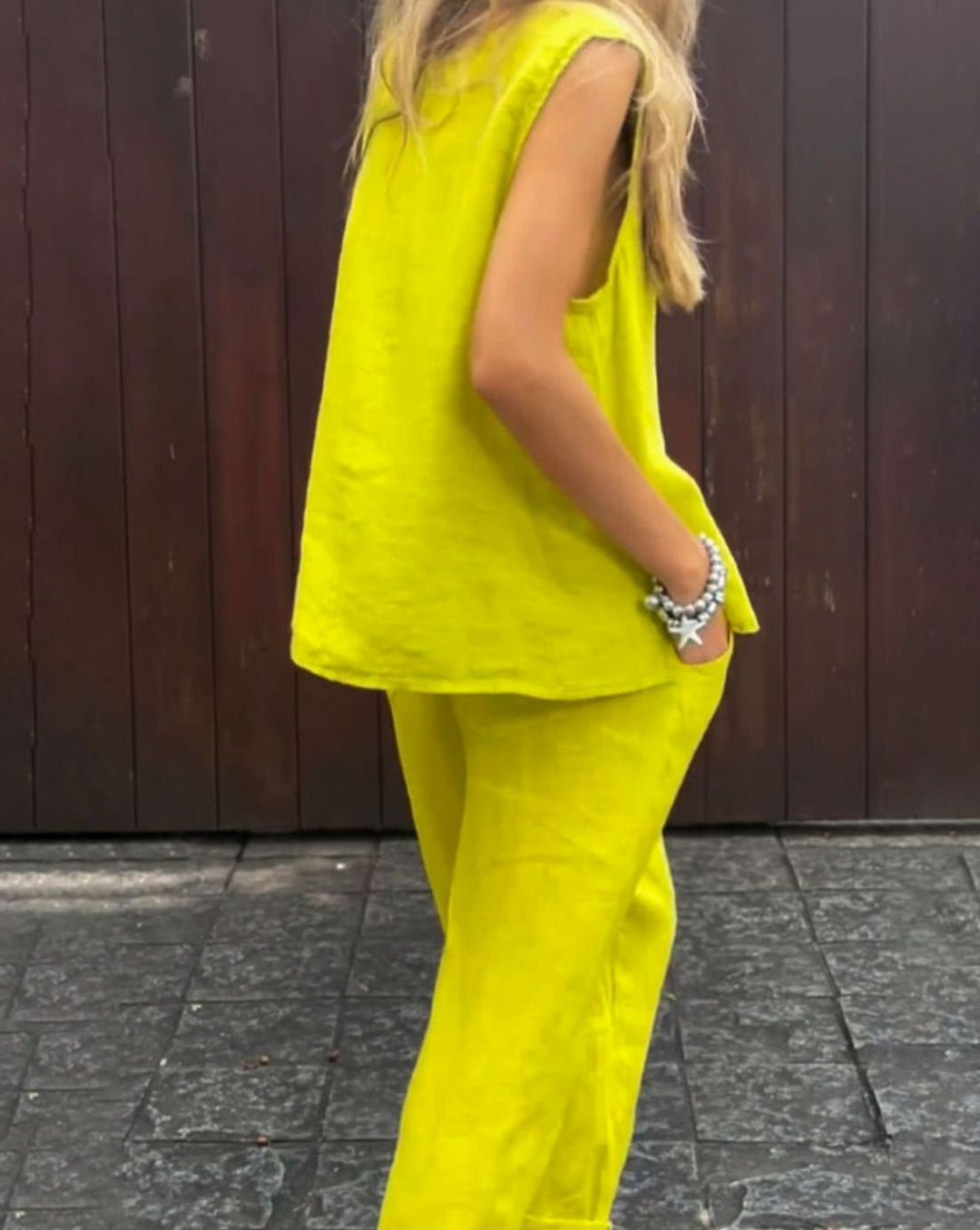 Women's Sleeveless Linen-Look Relaxed Two-Piece Vest Trouser Set