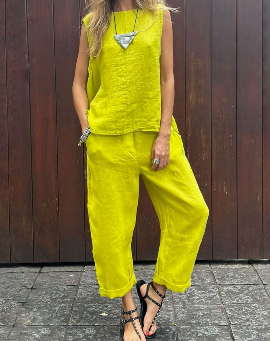 Women's Sleeveless Linen-Look Relaxed Two-Piece Vest Trouser Set - Yellow