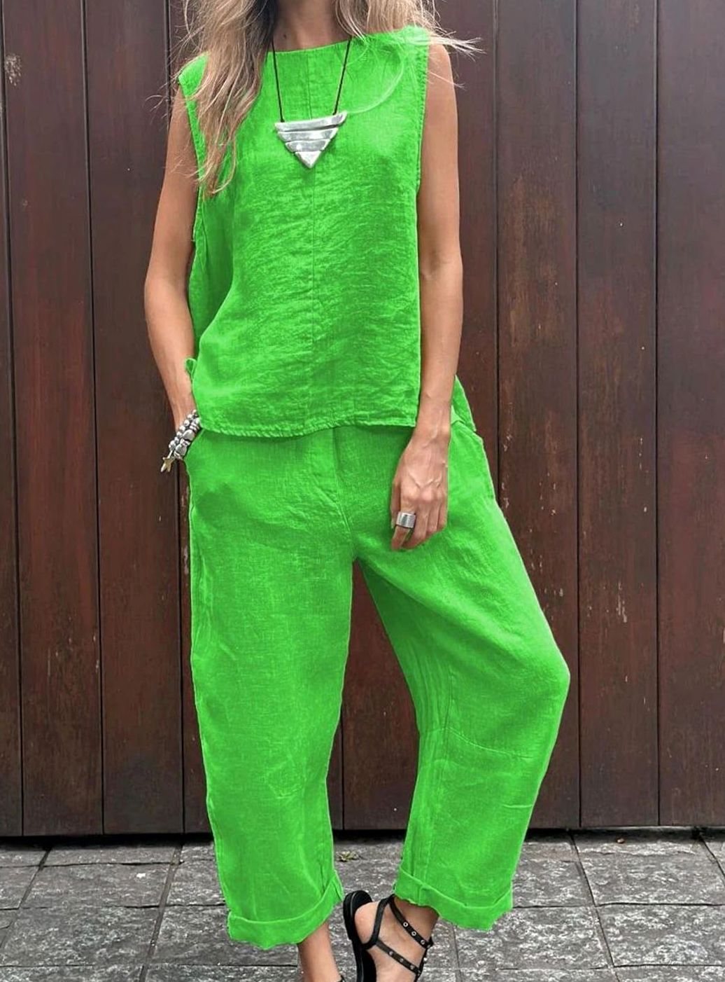 Women's Sleeveless Linen-Look Relaxed Two-Piece Vest Trouser Set - Green