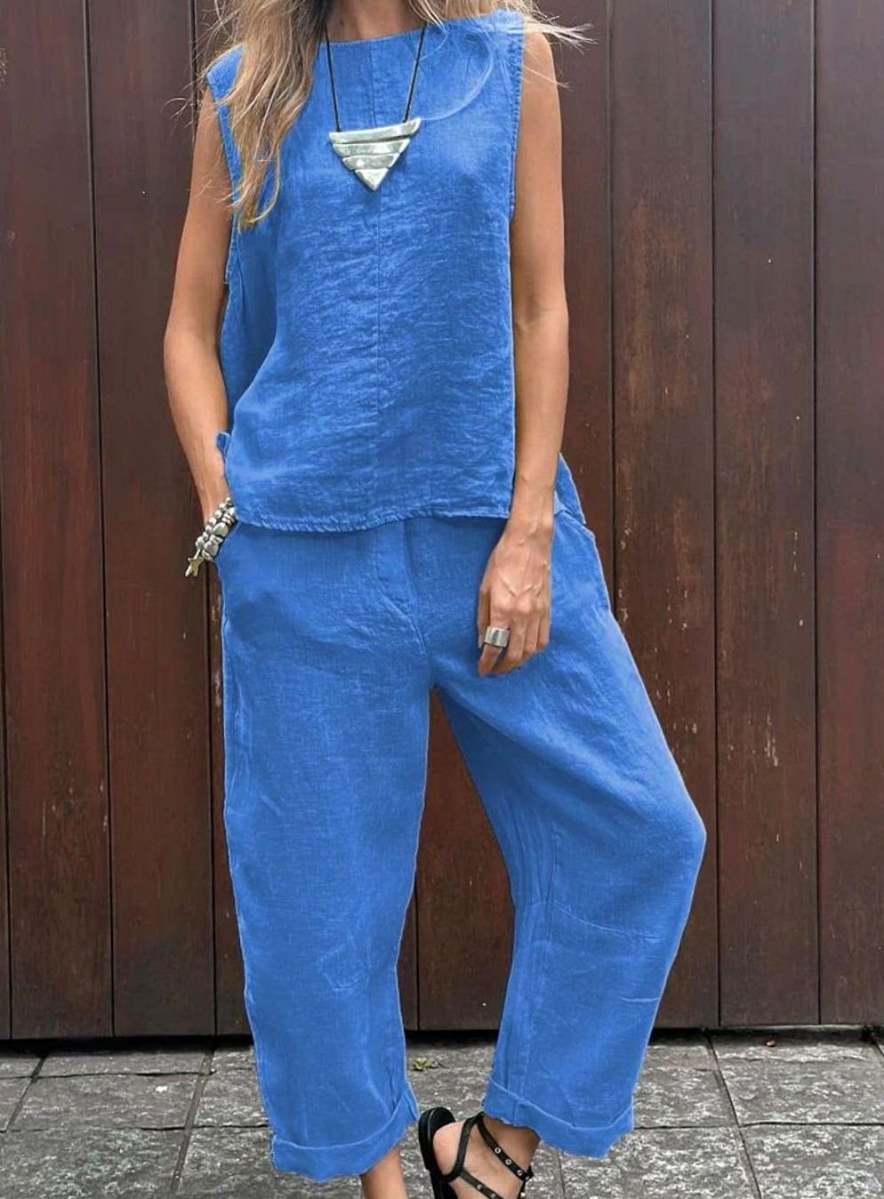 Women's Sleeveless Linen-Look Relaxed Two-Piece Vest Trouser Set - Blue