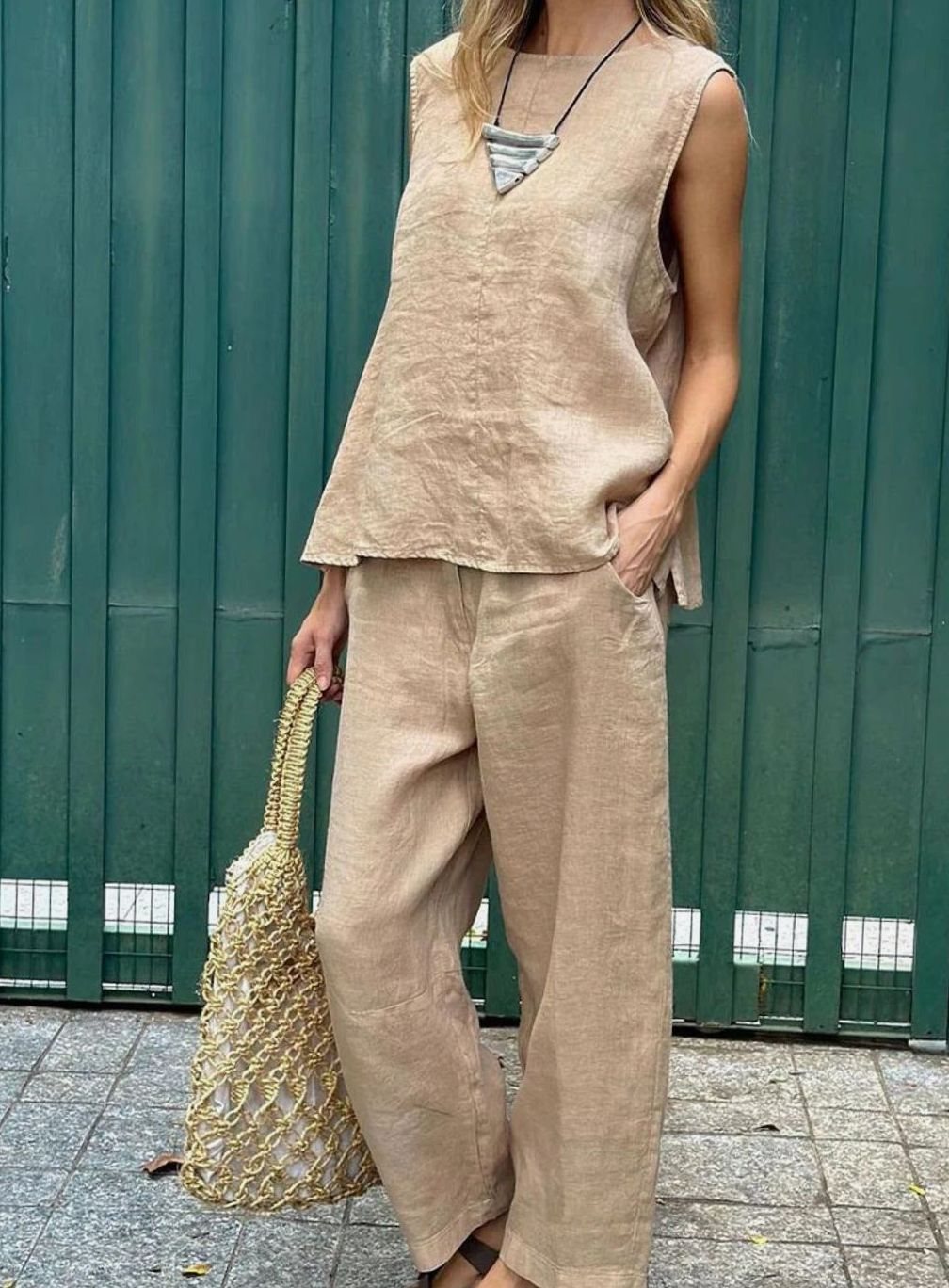 Women's Sleeveless Linen-Look Relaxed Two-Piece Vest Trouser Set - Khaki