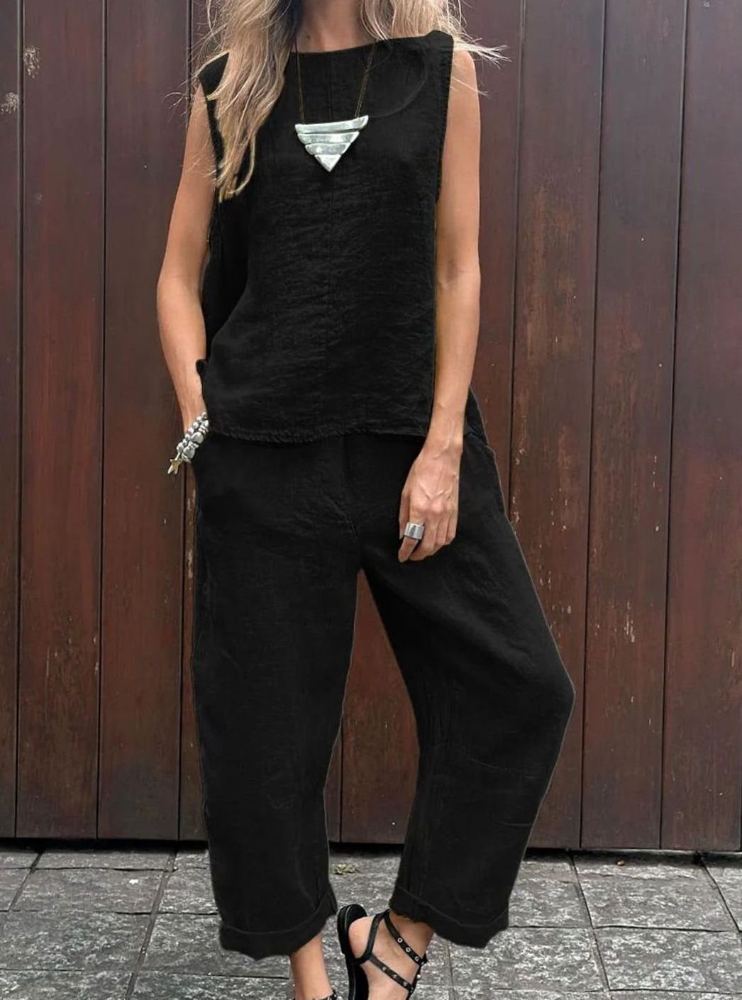 Women's Sleeveless Linen-Look Relaxed Two-Piece Vest Trouser Set - Black