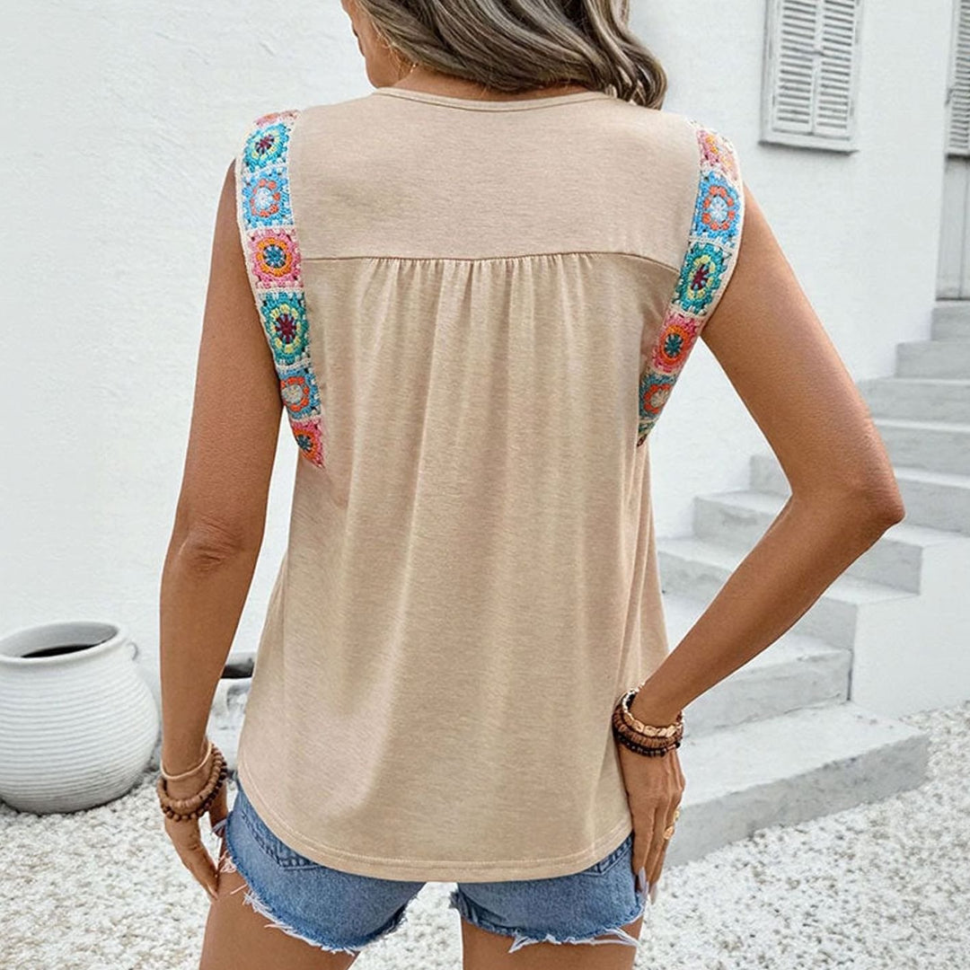 Women's Sleeveless Relaxed-Fit Crew-Neck Crochet Shoulder Top