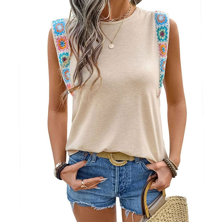Women's Sleeveless Relaxed-Fit Crew-Neck Crochet Shoulder Top