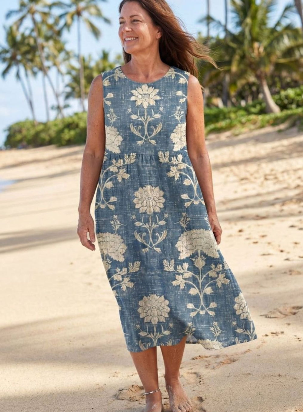 Women's Sleeveless Relaxed-Fit Floral Midi Dress
