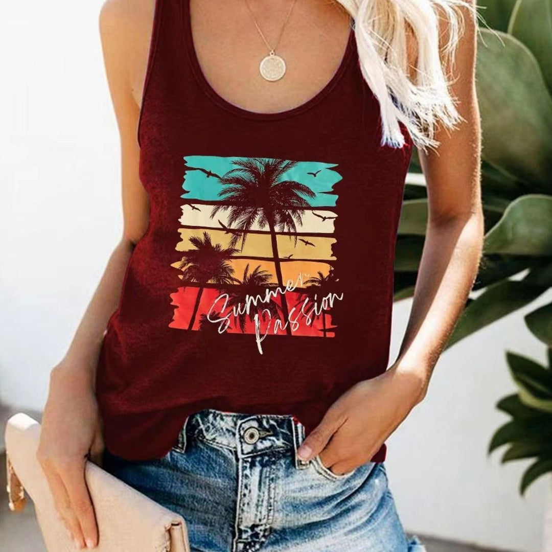 Women's Sleeveless Scoop-Neck Tropical Graphic Vest Top - Wine Red