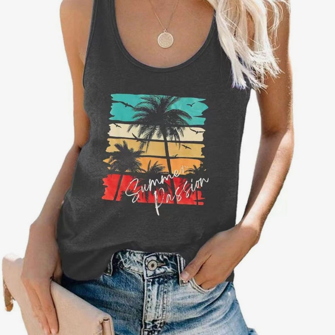 Women's Sleeveless Scoop-Neck Tropical Graphic Vest Top - Coconut Grey