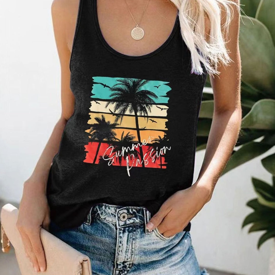 Women's Sleeveless Scoop-Neck Tropical Graphic Vest Top - Black