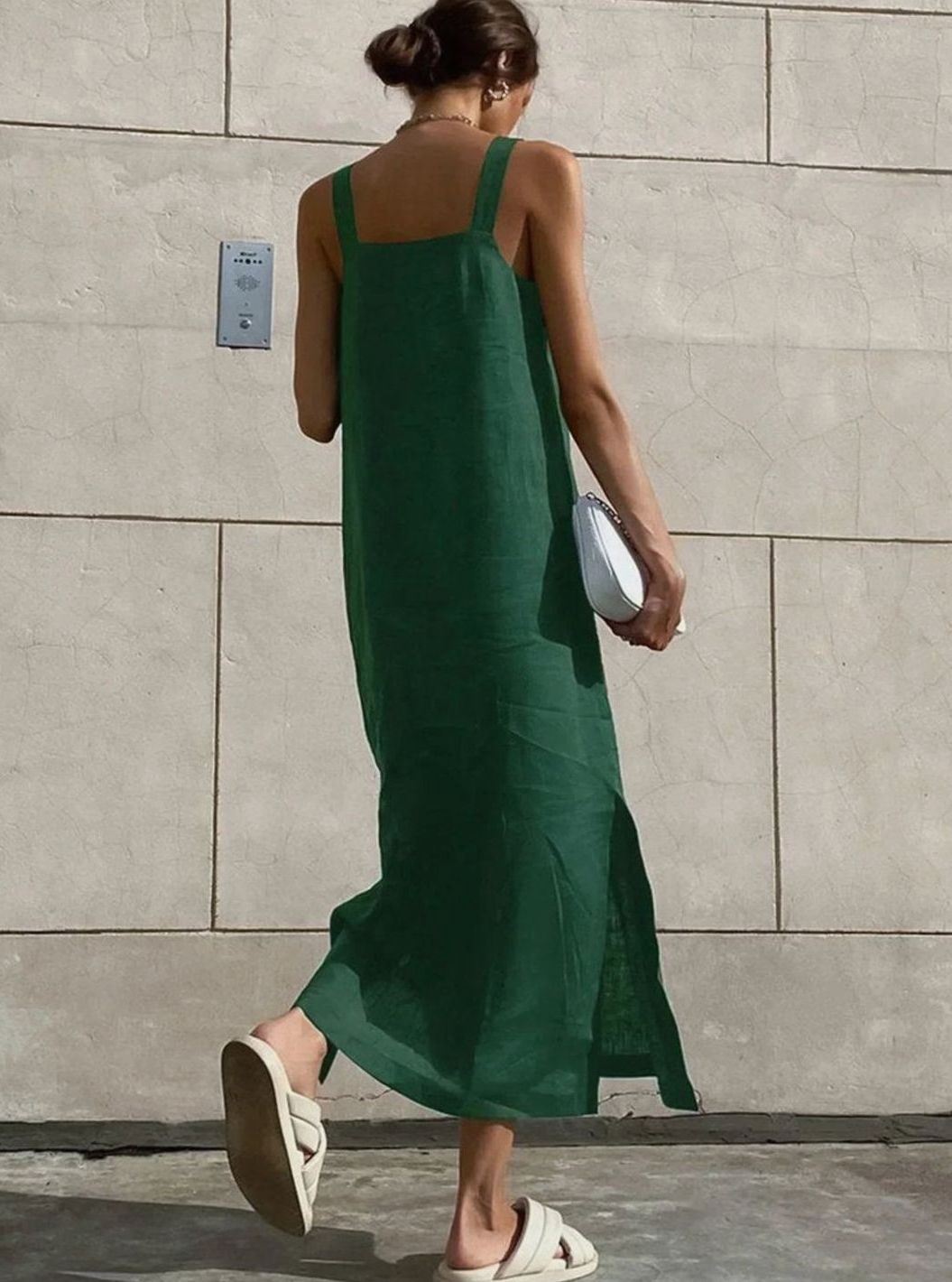 Women's Sleeveless Square-Neck Flared Linen Midi Dress Side Slit