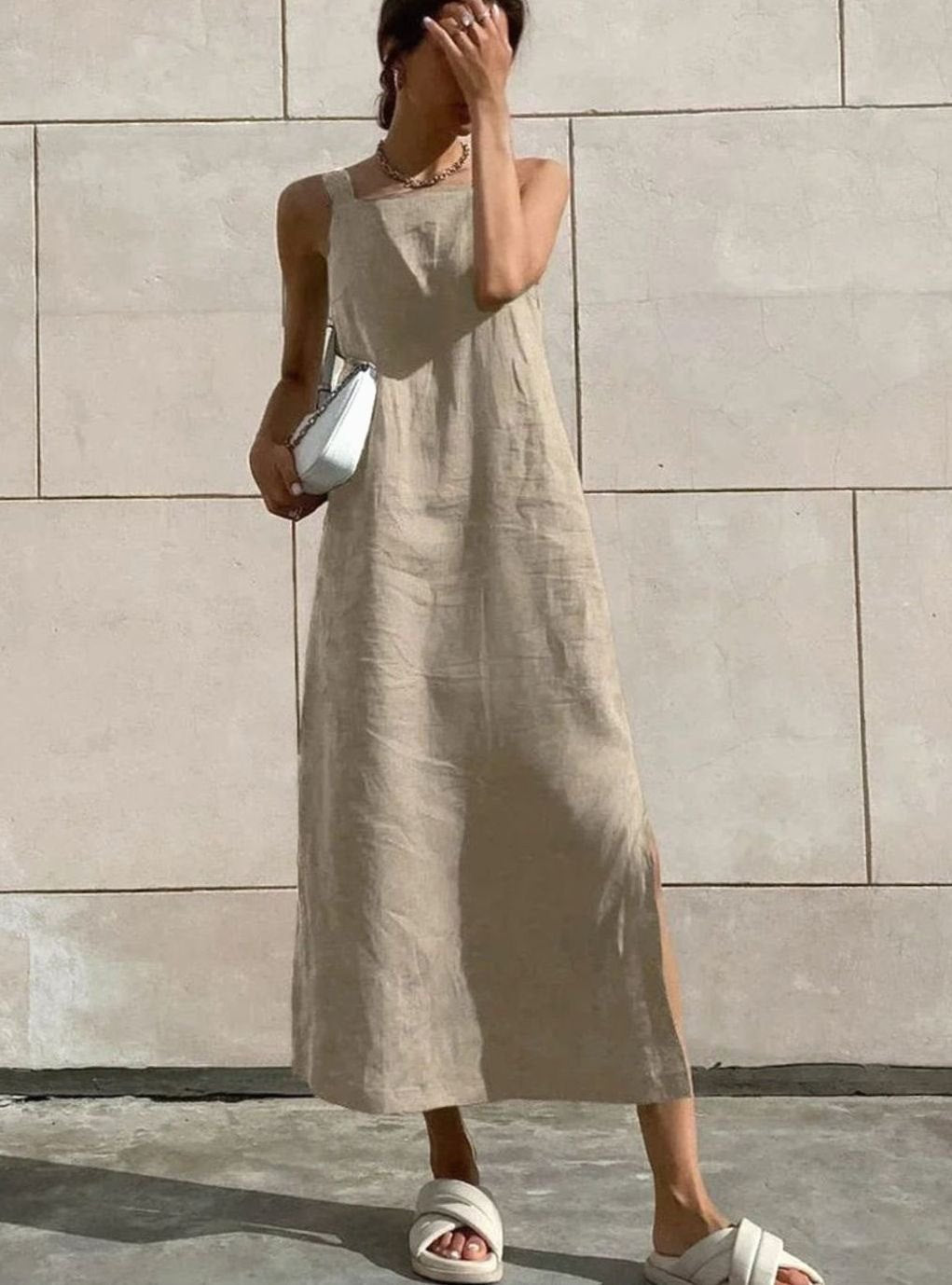 Women's Sleeveless Square-Neck Flared Linen Midi Dress Side Slit