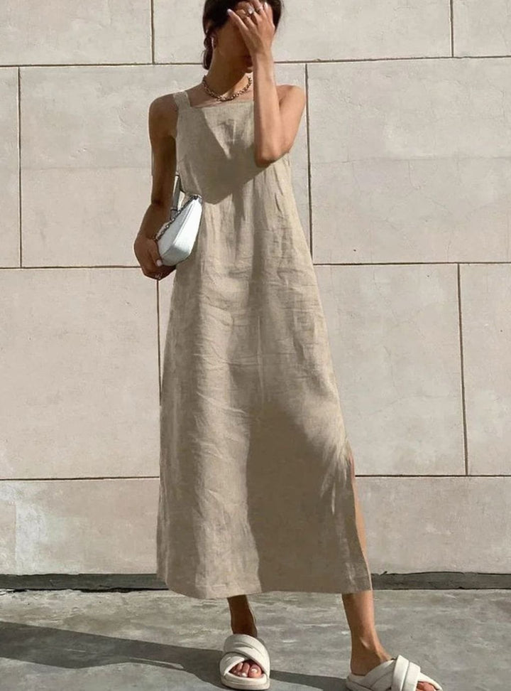 Women's Sleeveless Square-Neck Flared Linen Midi Dress Side Slit