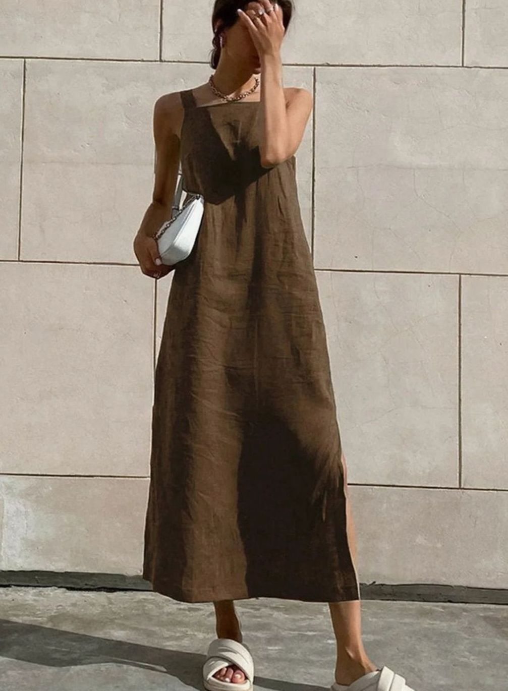 Women's Sleeveless Square-Neck Flared Linen Midi Dress Side Slit