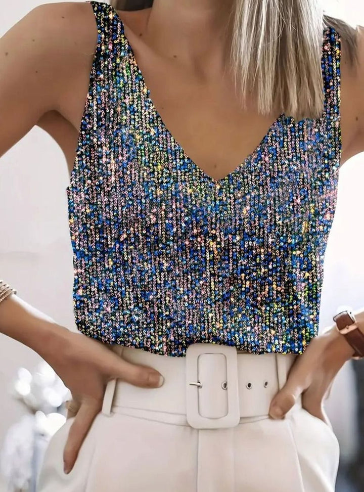 Women's Sleeveless V-Neck All-Over Sequin Party Top