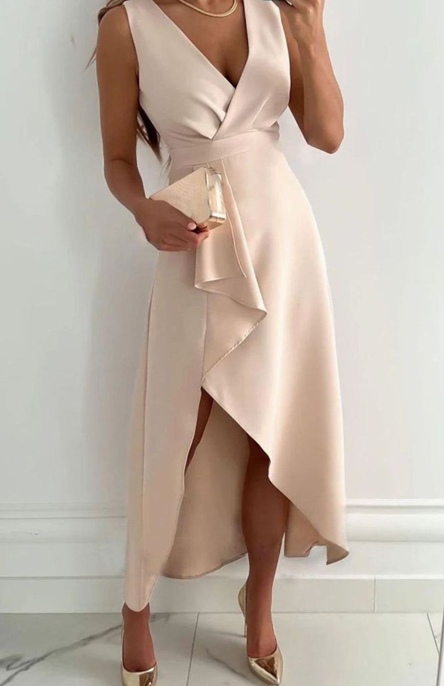 Women's Sleeveless V-Neck Asymmetric Ruffle Midi Party Dress, Beige