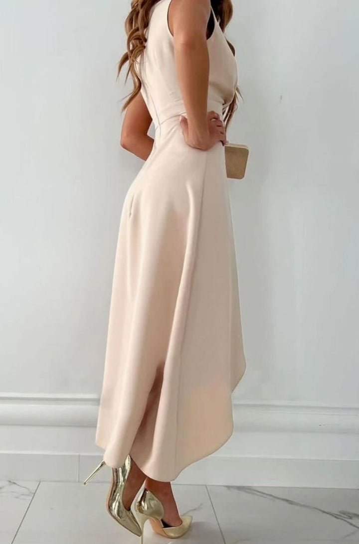 Women's Sleeveless V-Neck Asymmetric Ruffle Midi Party Dress, Beige