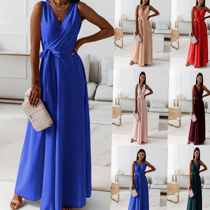Women's Sleeveless V-Neck Belted Satin Maxi Dress