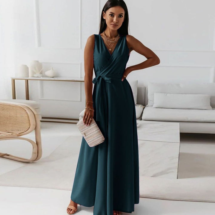 Women's Sleeveless V-Neck Belted Satin Maxi Dress - Dark Green