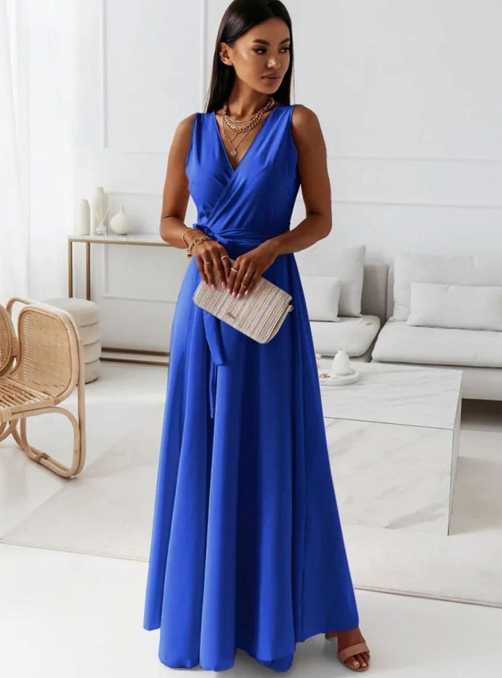 Women's Sleeveless V-Neck Belted Satin Maxi Dress - Blue
