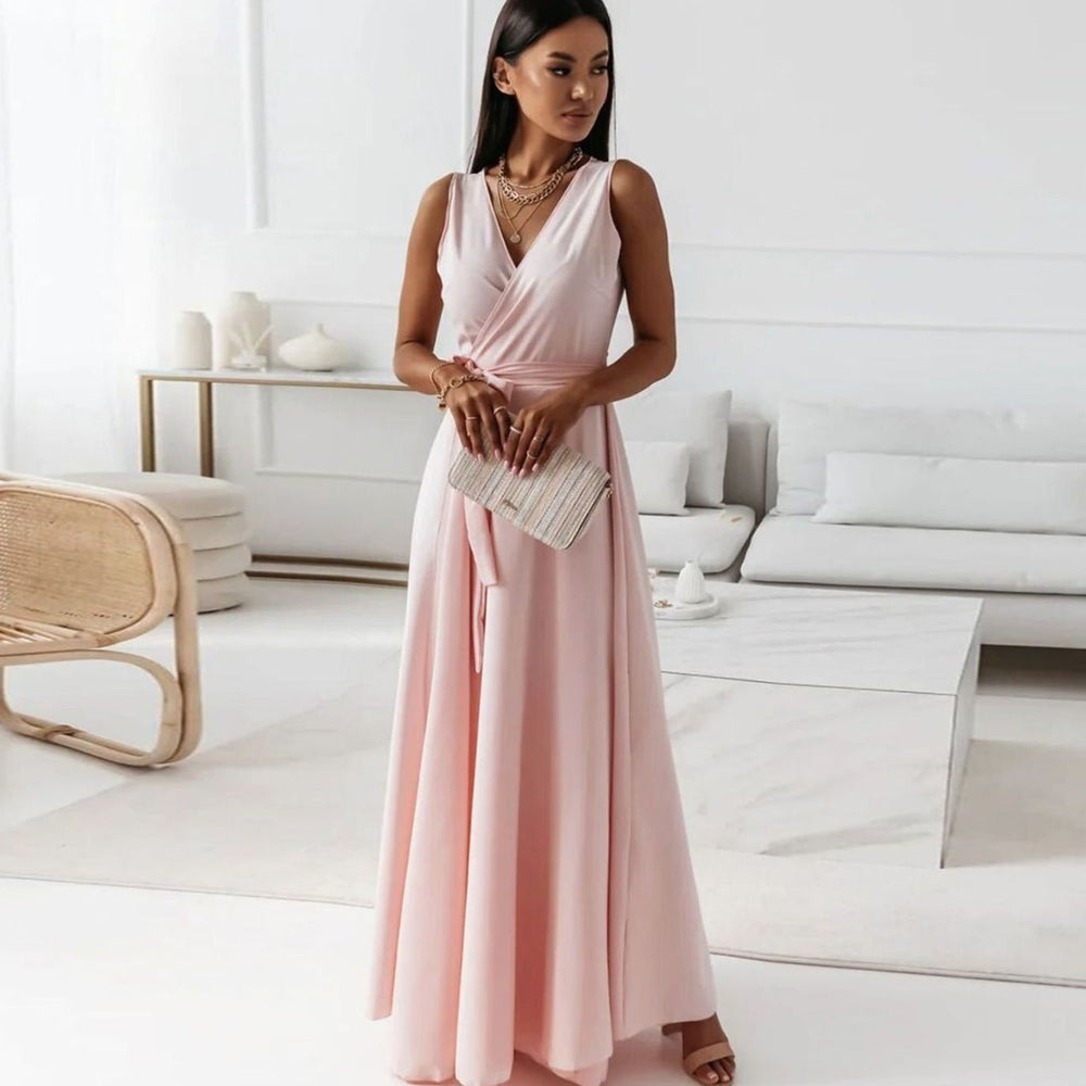 Women's Sleeveless V-Neck Belted Satin Maxi Dress