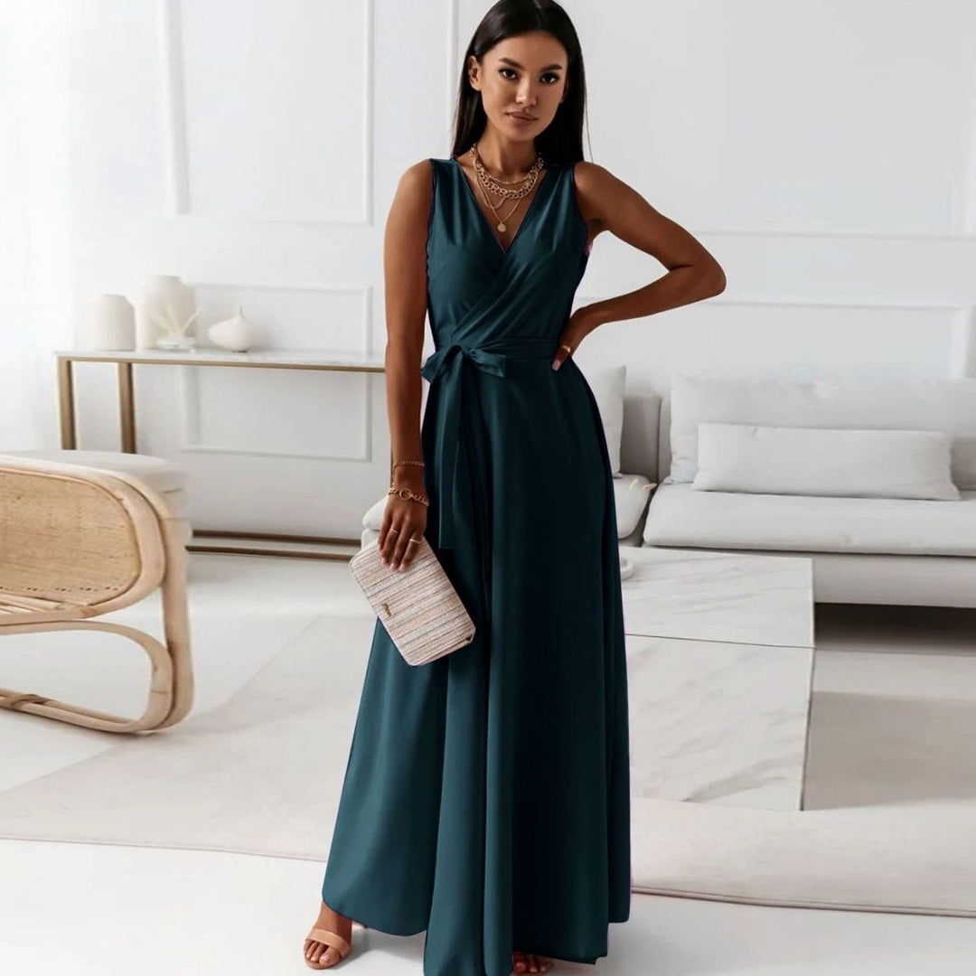 Women's Sleeveless V-Neck Belted Satin Maxi Dress