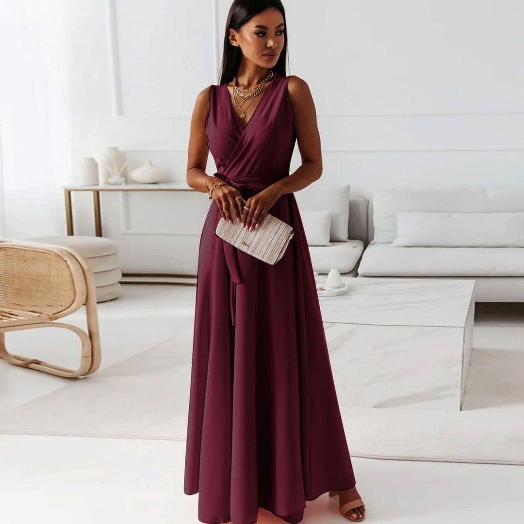 Women's Sleeveless V-Neck Belted Satin Maxi Dress - Burgundy