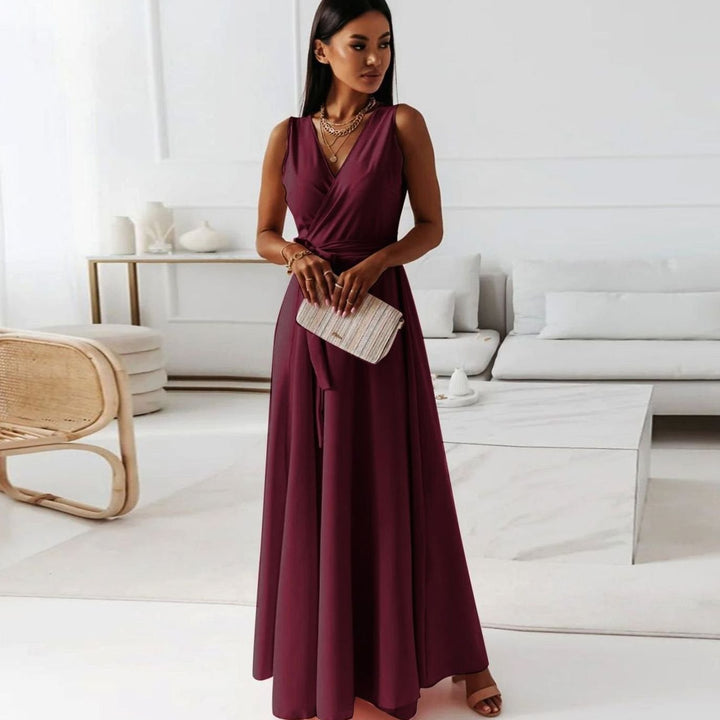 Women's Sleeveless V-Neck Belted Satin Maxi Dress - Burgundy