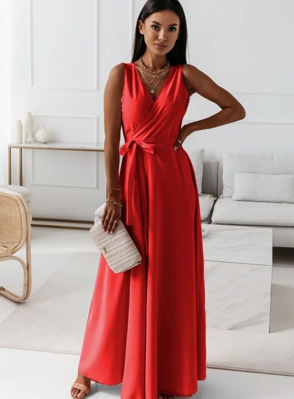 Women's Sleeveless V-Neck Belted Satin Maxi Dress - Red