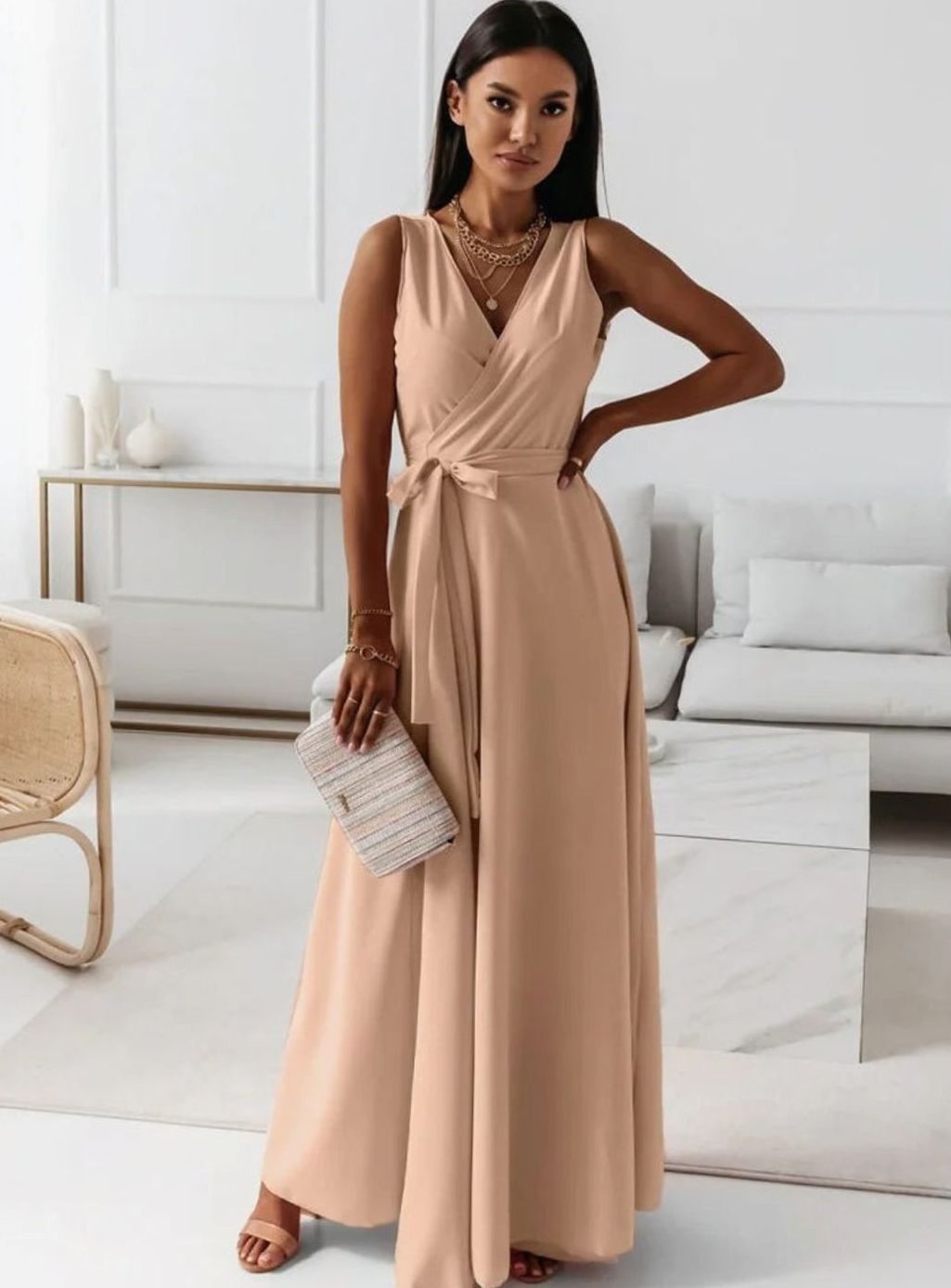 Women's Sleeveless V-Neck Belted Satin Maxi Dress - Khaki