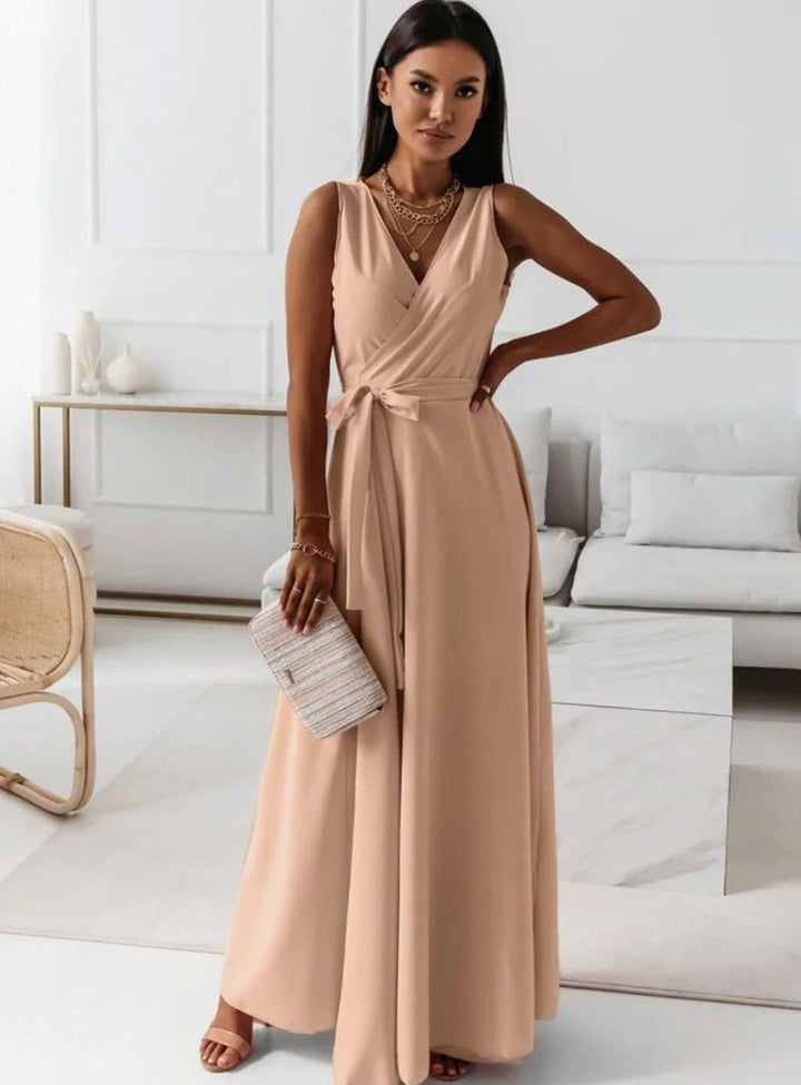 Women's Sleeveless V-Neck Belted Satin Maxi Dress - Khaki